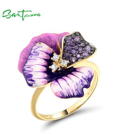 SANTUZZA 925 Sterling Silver Ring Amethyst Cubic Zirconia Enamel Flower Jewelry - US 9