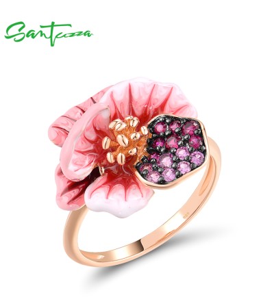 SANTUZZA 925 Sterling Silver Ring Created Red Sapphire Enamel Fancy Jewelry - US 6