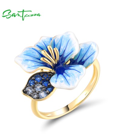 SANTUZZA 925 Sterling Silver Ring Blue Spinel Enamel Flower Chic Wedding Gifts Fine Jewelry - US 9