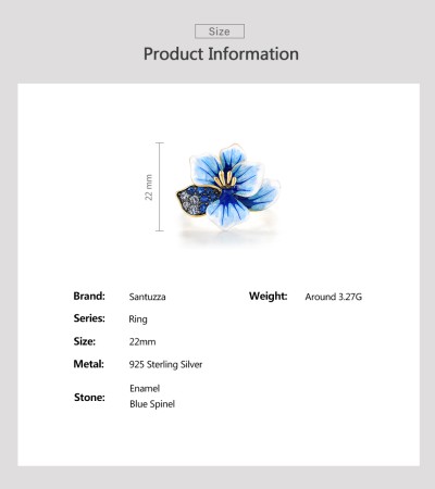 SANTUZZA 925 Sterling Silver Ring Blue Spinel Enamel Flower Chic Wedding Gifts Fine Jewelry - US 6