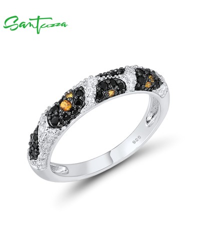 SANTUZZA Silver Rings For Women Pure 925 Sterling Silver Black Spinel Yellow White Cubic Zirconia Glamorous Trendy Fine Jewelry - US 7