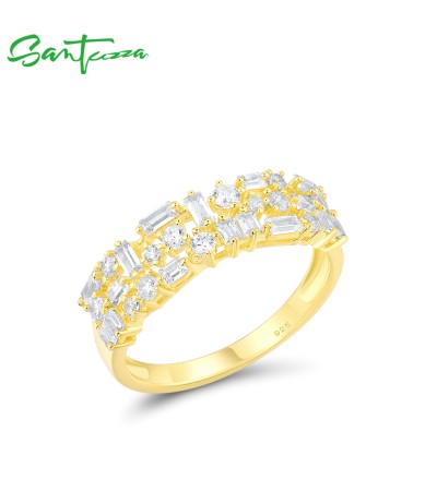 SANTUZZA 925 Sterling Silver Rings White Cubic Zirconia Gold Color Fine Jewelry - US 8