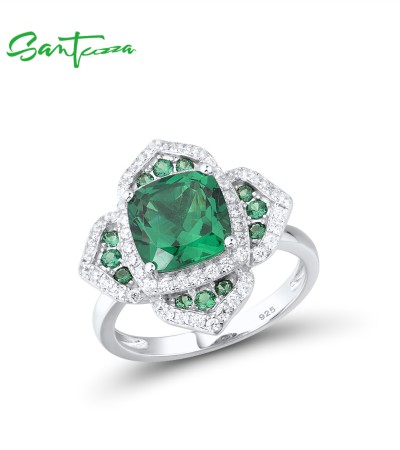 SANTUZZA 925 Sterling Silver Rings Square Green Spinel White CZ Flower Fine Jewelry - US 7