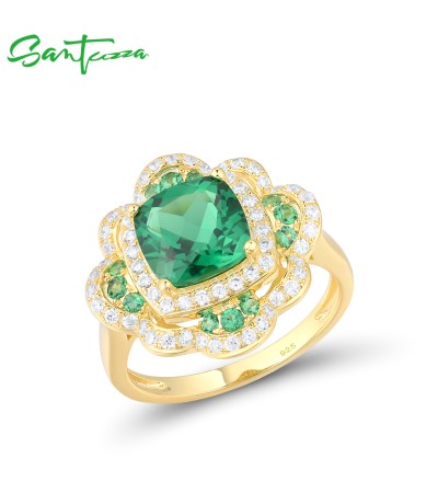 SANTUZZA 925 Sterling Silver Rings Square Green Spinel White CZ Flower Fine Jewelry - US 8
