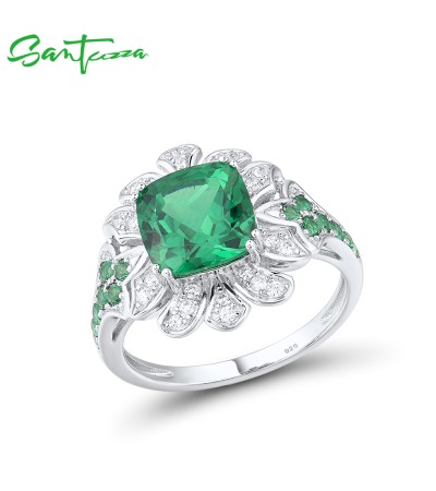 SANTUZZA 925 Sterling Silver Rings Square Green Spinel White CZ Flower Fine Jewelry - US 10