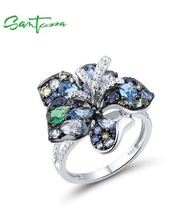 SANTUZZA Silver Ring 925 Sterling Silver Multi Gems Blue Lily Flower Ring Jewelry - US 7