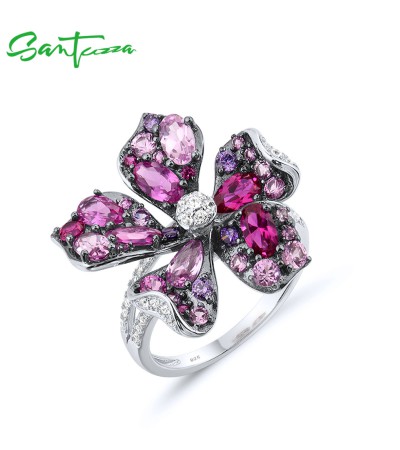 SANTUZZA Silver Ring 925 Sterling Silver Sparkling Pink Red Stones Blooming Lily Flower Jewelry - US 6
