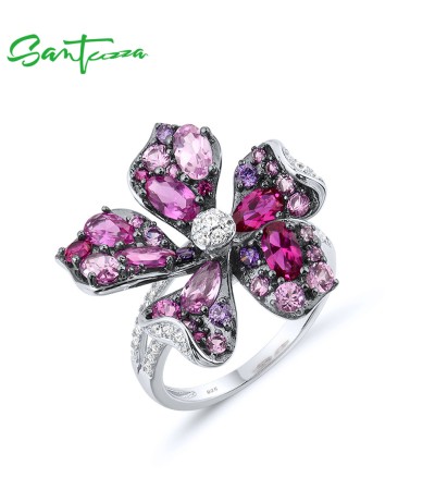 SANTUZZA Silver Ring 925 Sterling Silver Sparkling Pink Red Stones Blooming Lily Flower Jewelry - US 7