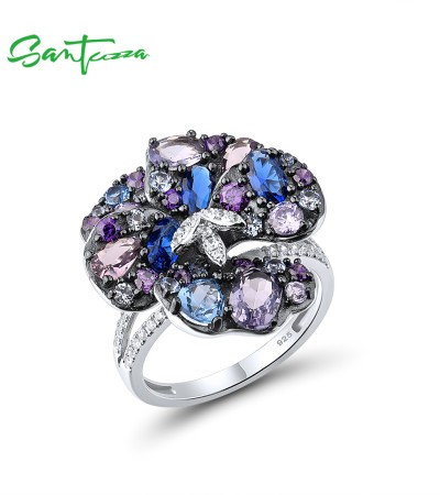 SANTUZZA Silver Ring 925 Sterling Silver Sparkling Multi Gems Blue Flower Ring Jewelry - US 7