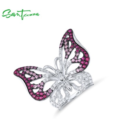 SANTUZZA Silver Ring Genuine 925 Sterling Silver Red Stones White CZ Butterfly Ring Jewelry - US 10