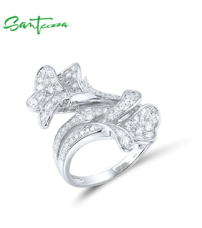 SANTUZZA 925 Sterling Silver Rings White Cubic Zirconia Flower Fine Jewelry - US 9