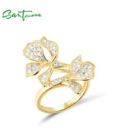 SANTUZZA 925 Sterling Silver Ring White Cubic Zirconia Gold Color Charming Flower Fine Jewelry - US 7