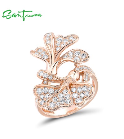 SANTUZZA Silver Ring 925 Sterling Silver White Cubic Zirconia Rose Gold Color Flower Fine Jewelry - US 9