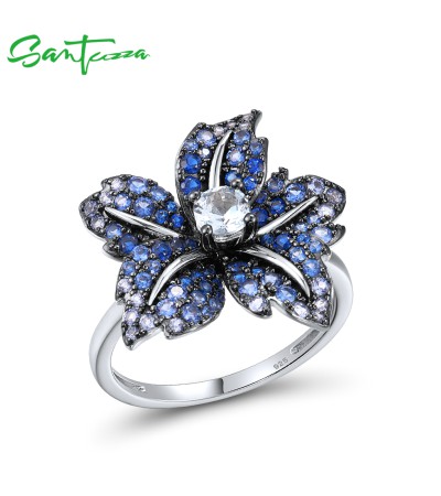 SANTUZZA 925 Sterling Silver Ring  Blue Pink Stone Lily Flower Jewelry - Blue Stones/Silver Color/US 7