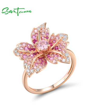 SANTUZZA 925 Sterling Silver Ring  Blue Pink Stone Lily Flower Jewelry - Pink and Red Stones/Rose Gold Plating/US 8.5