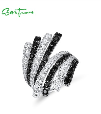 SANTUZZA Silver Rings 925 Sterling Silver Sparkling Black Spinel White CZ Ring Fine Jewelry - US 7