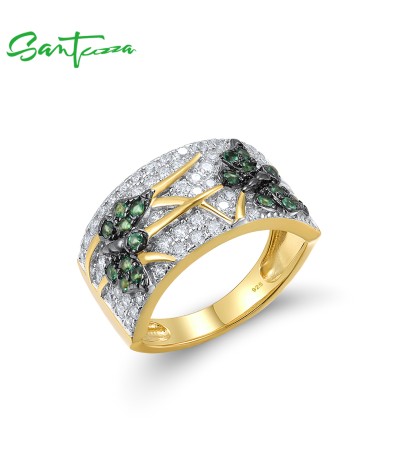 SANTUZZA 925 Sterling Silver Rings Round Green Spinel Butterfly Animal Gold Plated Jewelry - US 8.5