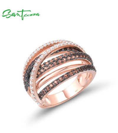 SANTUZZA 925 Silver Rings Nano Brown Spinel White CZ Ring Fine Jewelry - US 7