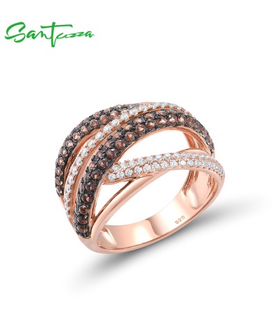SANTUZZA 925  Silver Rings Nano Brown Spinel White CZ Ring Fine Jewelry - US 7