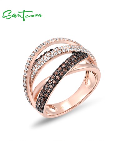 SANTUZZA Ring 925 Sterling Silver Sparkling Nano Brown Spinel White CZ Fine Jewelry - US 8