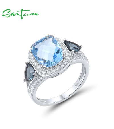 SANTUZZA Silver Ring 925 Sterling Silver Sparkling Solitaire Blue Stones Jewelry - US 7