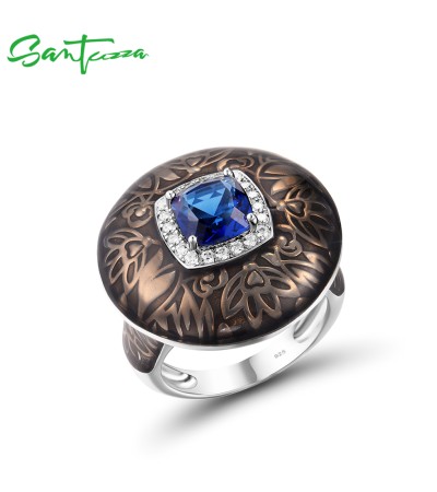 SANTUZZA 925 Sterling Silver Rings Blue Glass White CZ Handmade Enamel Round Ring Fine Jewelry - US 9