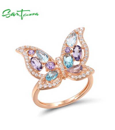 SANTUZZA 925 Sterling Silver Ring Colorful Gems Butterfly Ring Jewelry - US 8