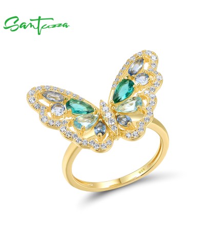 SANTUZZA 925 Sterling Silver Ring Green Blue Gems White CZ Butterfly Ring Jewelry - US 9