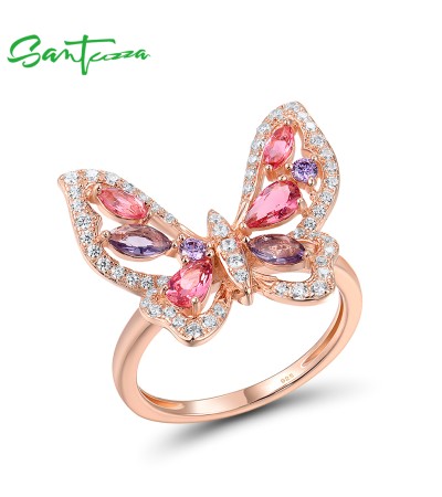 SANTUZZA 925 Sterling Silver Ring Pink Purple Gems White CZ Butterfly Ring Jewelry - US 9