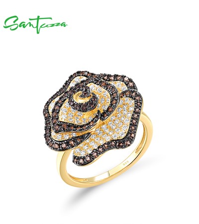 SANTUZZA 925 Sterling Silver Rings White CZ Brown Spinel Elegant Rose Flower Fine Jewelry - US 6