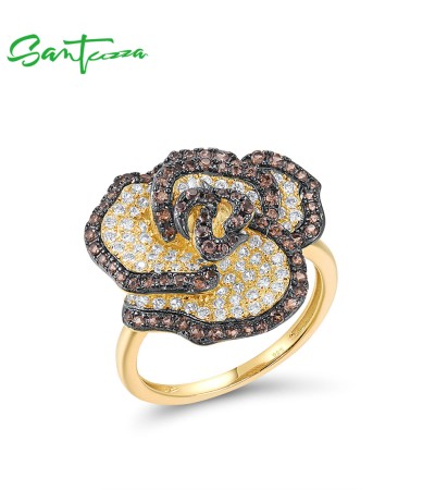 SANTUZZA 925 Sterling Silver Ring White CZ Lovely Brown Flower Fine Jewelry - US 6