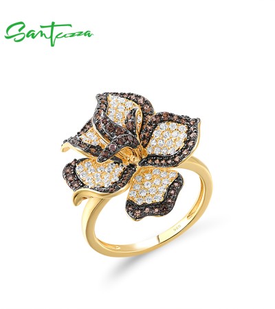 SANTUZZA 925 Sterling Silver Rings White CZ Brown Spinel Orchid Flower Part Fine Jewelry - US 6