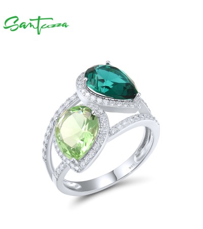 SANTUZZA 925 Sterling Silver Rings Green Stone White CZ  Fine Jewelry - US 9