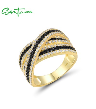 SANTUZZA Silver Rings 925 Sterling Silver Black Spinel White CZ Gold Color Ring Jewelry - US 6