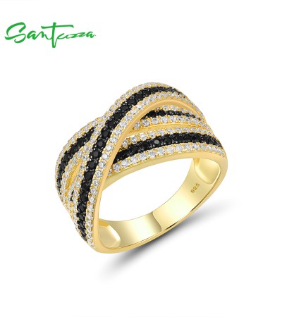 SANTUZZA Silver Rings 925 Sterling Silver Black Spinel White CZ Gold Color Ring Jewelry - US 9