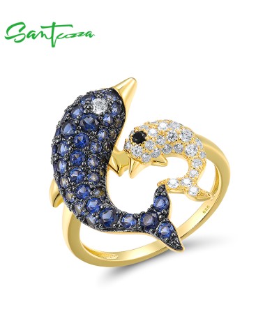 SANTUZZA 925 Sterling Silver Ring Blue White CZ Black Spinel Dolphin Fine Jewelry - US 6