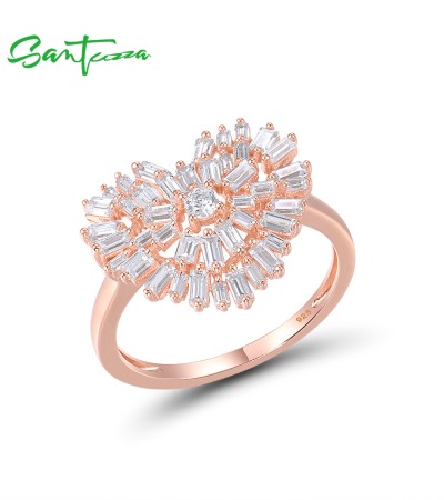 SANTUZZA 925 Sterling Silver Rings White Cubic Zirconia Rose Gold Color Heart Fine Jewelry - US 7
