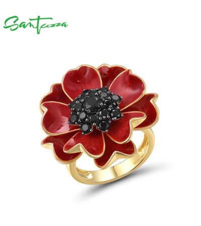 SANTUZZA 925 Sterling Silver Rings Black Spinel Red Enamel Blossom Sun Flower Jewelry - US 9