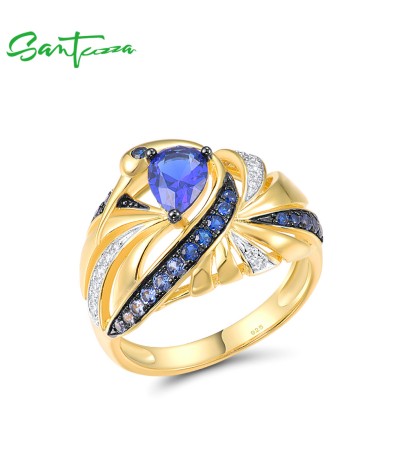 SANTUZZA 925 Sterling Silver Rings Blue Gems White Cubic Zirconia Fine Jewelry - US 9