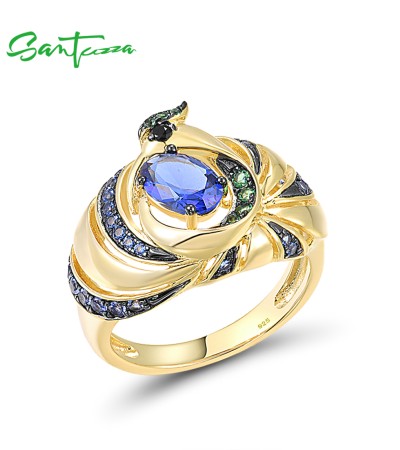 SANTUZZA 925 Sterling Silver Rings Black/Blue Spinel Cubic Zirconia Peacock Jewelry - US 9