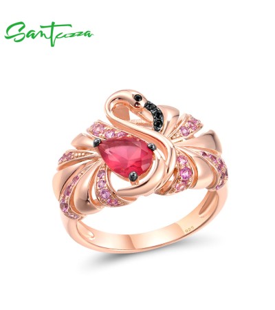 SANTUZZA 925 Sterling Silver Rings Red Stones Black Spinel Flamingo Rose Gold Color Jewelry - US 10