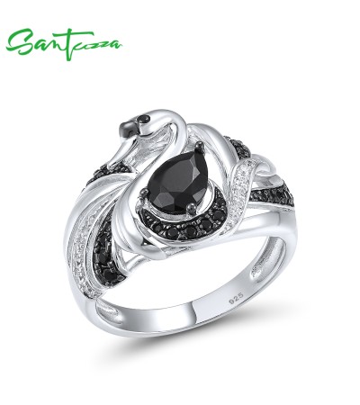 SANTUZZA 925 Sterling Silver Rings Black Spinel White Cubic Zirconia Swan Ring Fine Jewelry - US 8