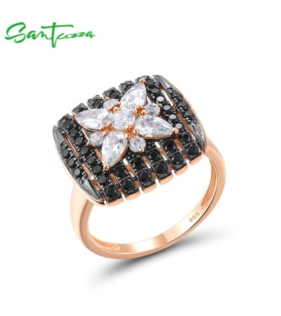 SANTUZZA 925 Sterling Silver Rings Black Spinel White CZ Star Fine Jewelry - US 6