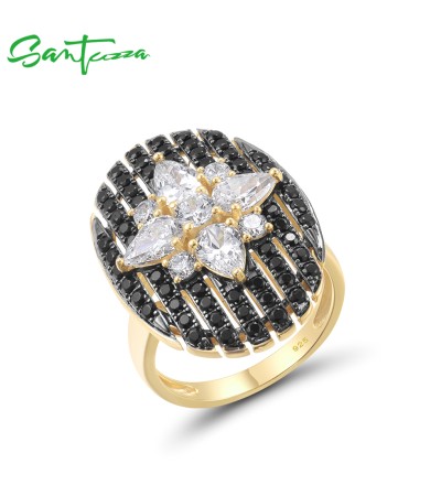 SANTUZZA 925 Sterling Silver Rings Black Spinel White CZ Star Oval Ring Fine Jewelry - US 6