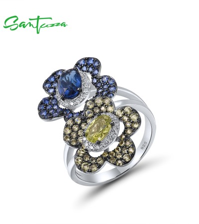 SANTUZZA Silver Rings 925 Sterling Silver Blue Green Stones Twin Flower Jewelry - US 7