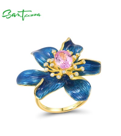 SANTUZZA Silver Rings 925 Sterling Silver Enamel Blue Flower Created Pink Sapphire Fine Jewelry - US 6