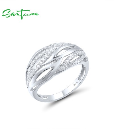 SANTUZZA 925 Sterling Silver Rings White Cubic Zirconia Ring Jewelry - US 9