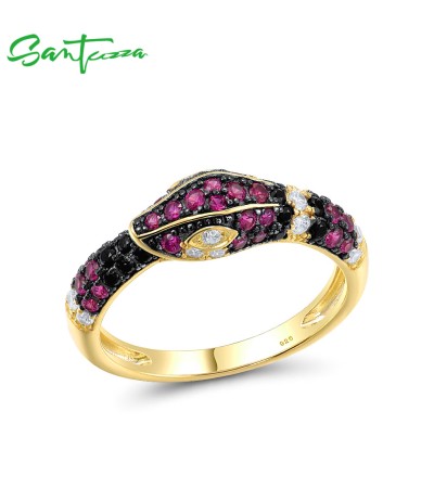 SANTUZZA 925 Sterling Silver Rings Black Red White CZ Snake Animal Fine Jewelry - US 6