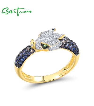 SANTUZZA 925 Sterling Silver Rings Sparkling Blue Green White CZ Dragon Animal Jewelry - US 8