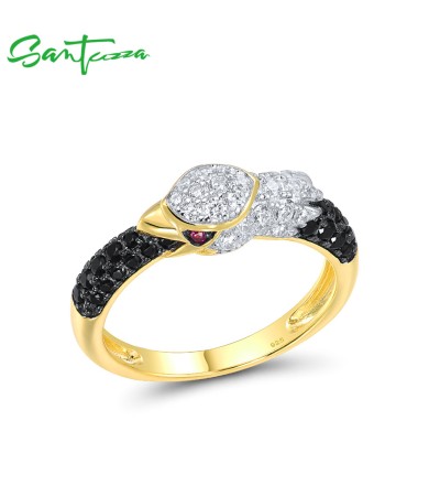 SANTUZZA 925 Sterling Silver Rings Black Spinel White CZ Eagle Animal Fine Jewelry - US 7